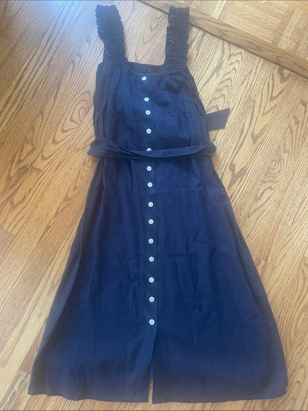 Nicole Miller Navy Linen-Blend Midi Button Back Belted Dress Small - Picture 7 of 9